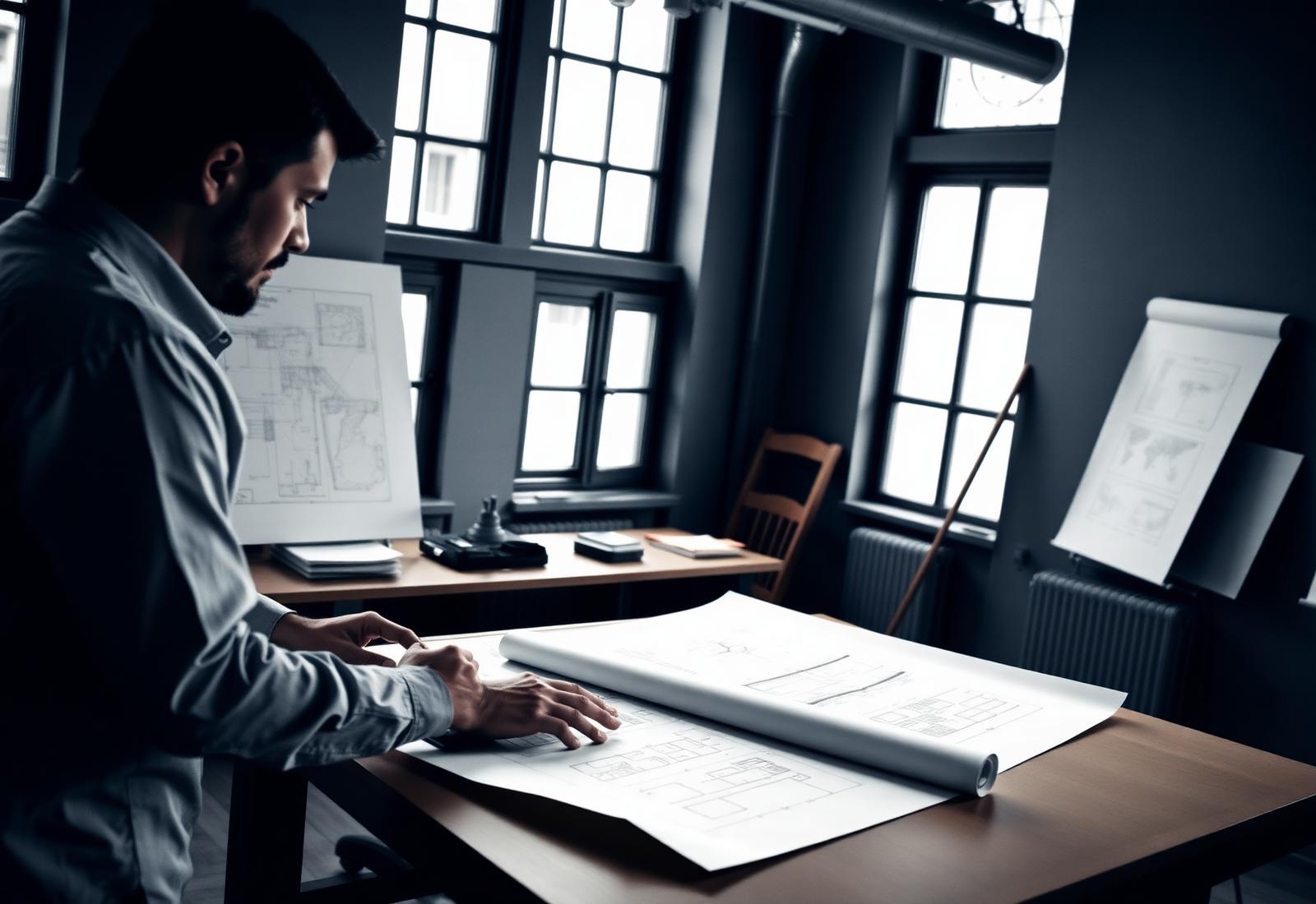 Architectural drawings under review in the Calgary studio
